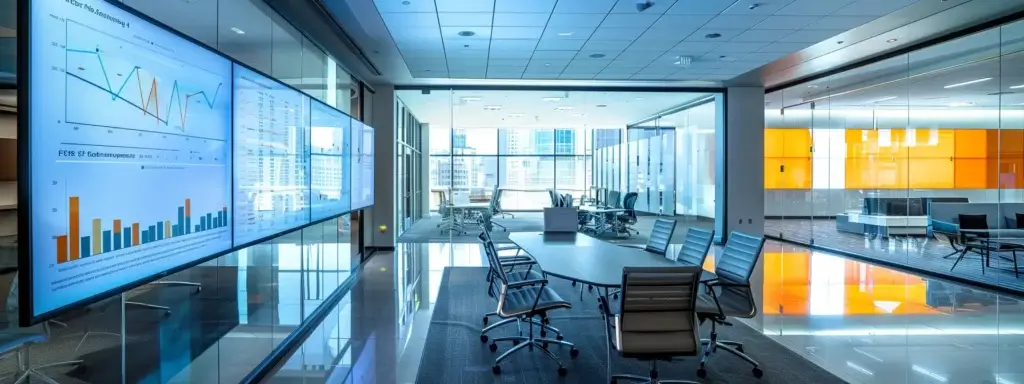 a sleek, modern office in houston, tx, features dynamic digital marketing analytics displayed on multiple screens, emphasizing the cutting-edge seo strategies of taf solutions amidst a backdrop of urban sophistication.