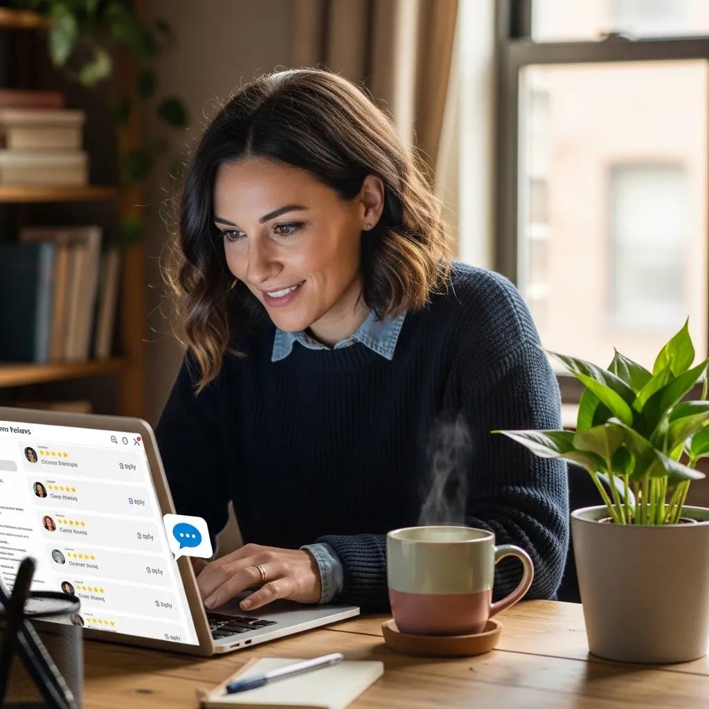 Business owner responding to customer reviews on a laptop in a cozy office, illustrating proactive engagement and trust-building