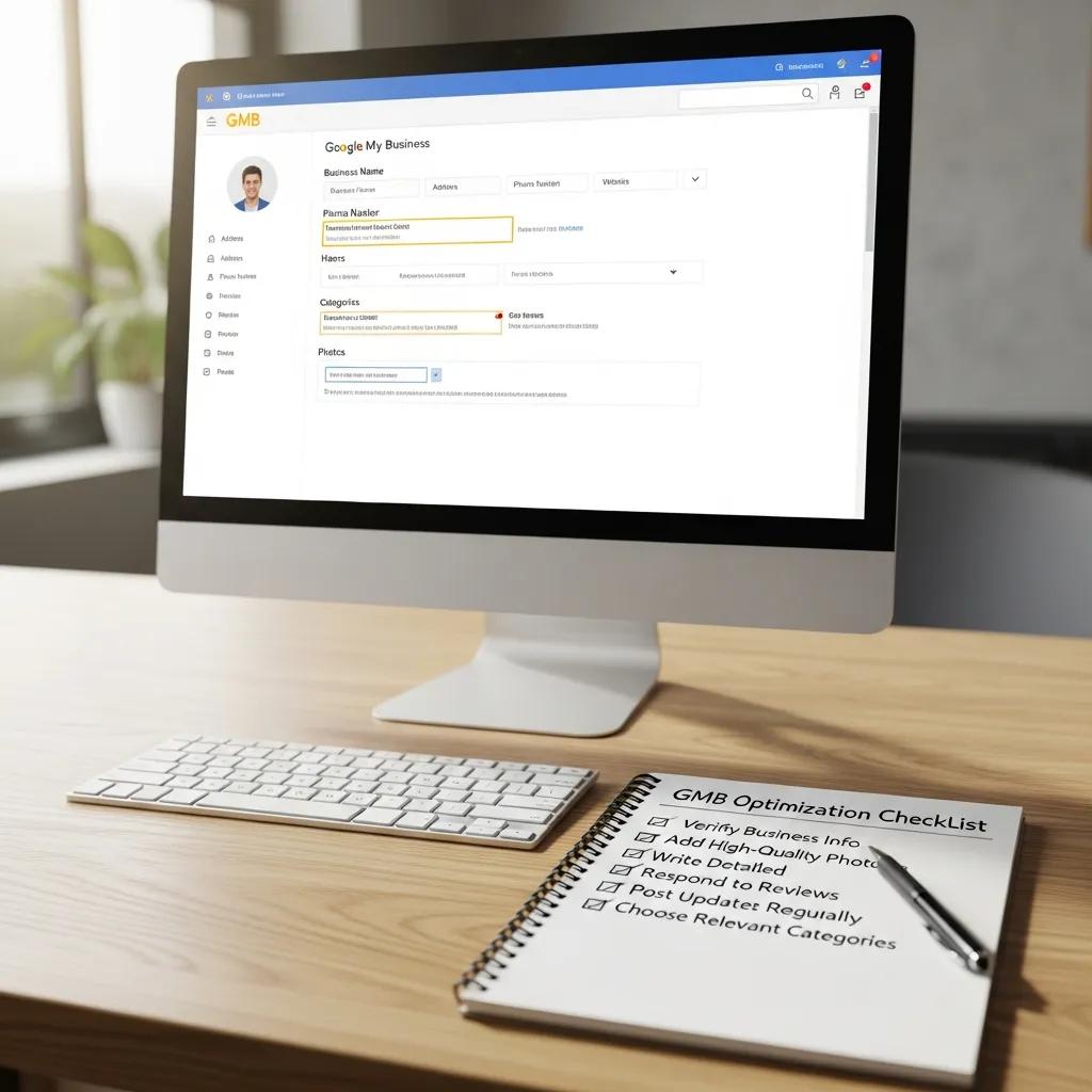 Checklist for optimizing Google My Business profile, featuring a computer screen and notepad, emphasizing local SEO strategies