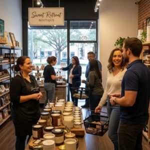 Local business owner engaging with customers in a Sugar Land storefront, highlighting community interaction and customer service