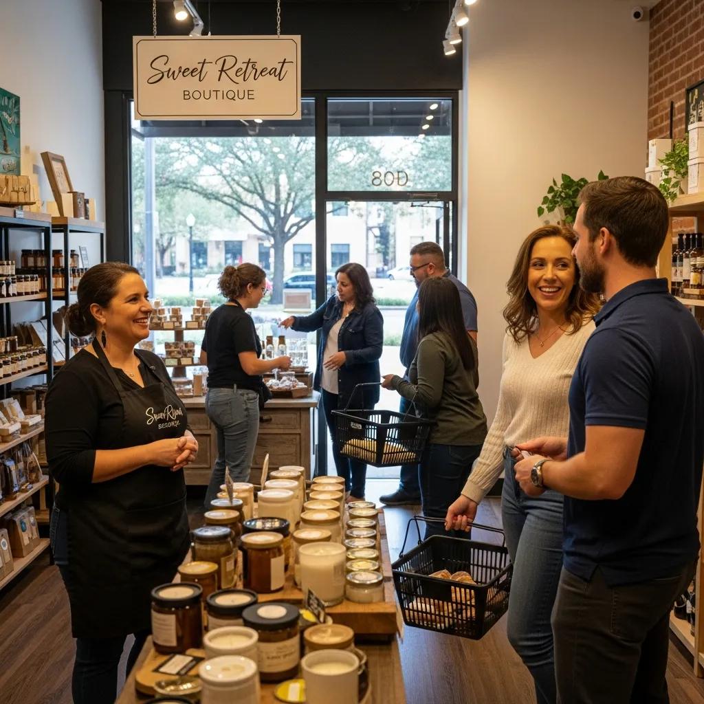Local business owner engaging with customers in a Sugar Land storefront, highlighting community interaction and customer service