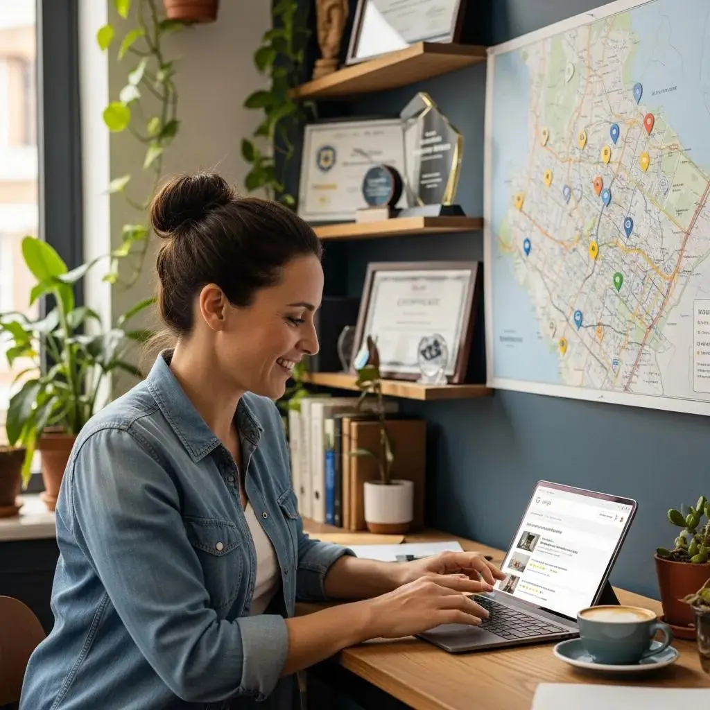 Small business owner optimizing Google Business Profile in a cozy office setting
