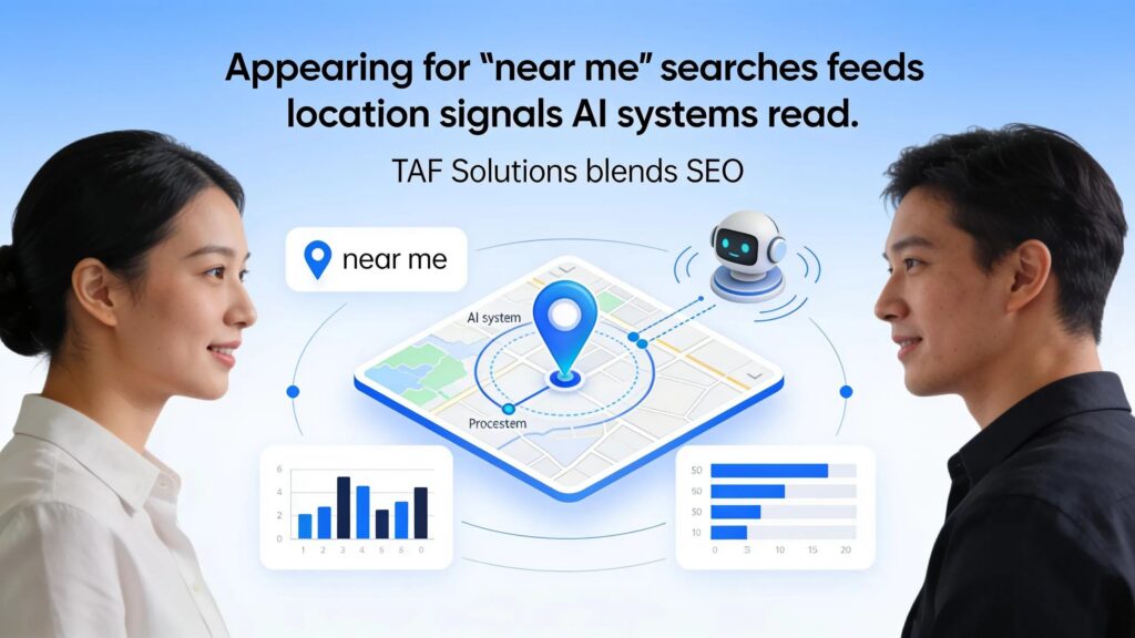 Appearing for 'near me' searches feeds location signals AI systems read.; TAF Solutions blends SEO