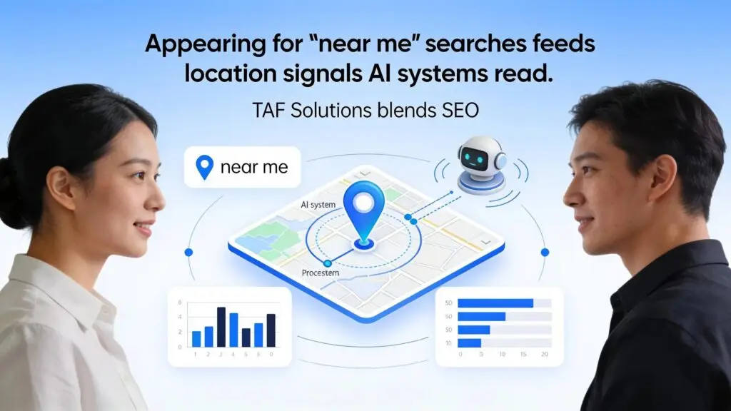 Appearing for 'near me' searches feeds location signals AI systems read.; TAF Solutions blends SEO