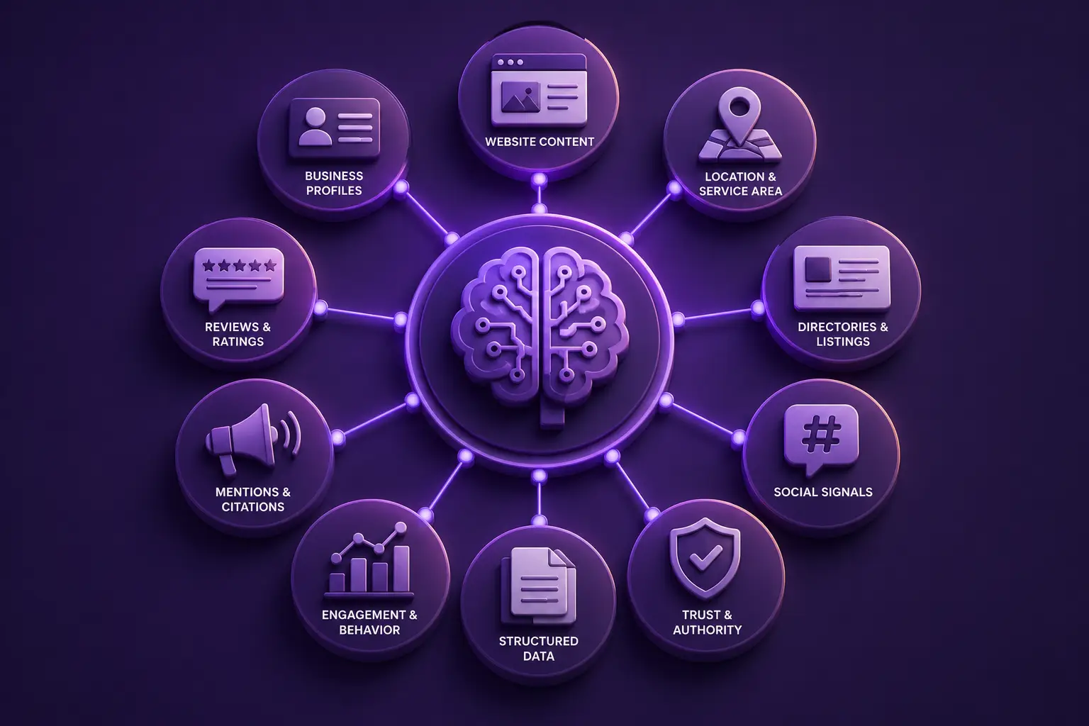 Illustration of an AI system building business context from website content, listings, reviews, location information, structured data, and other digital sources.