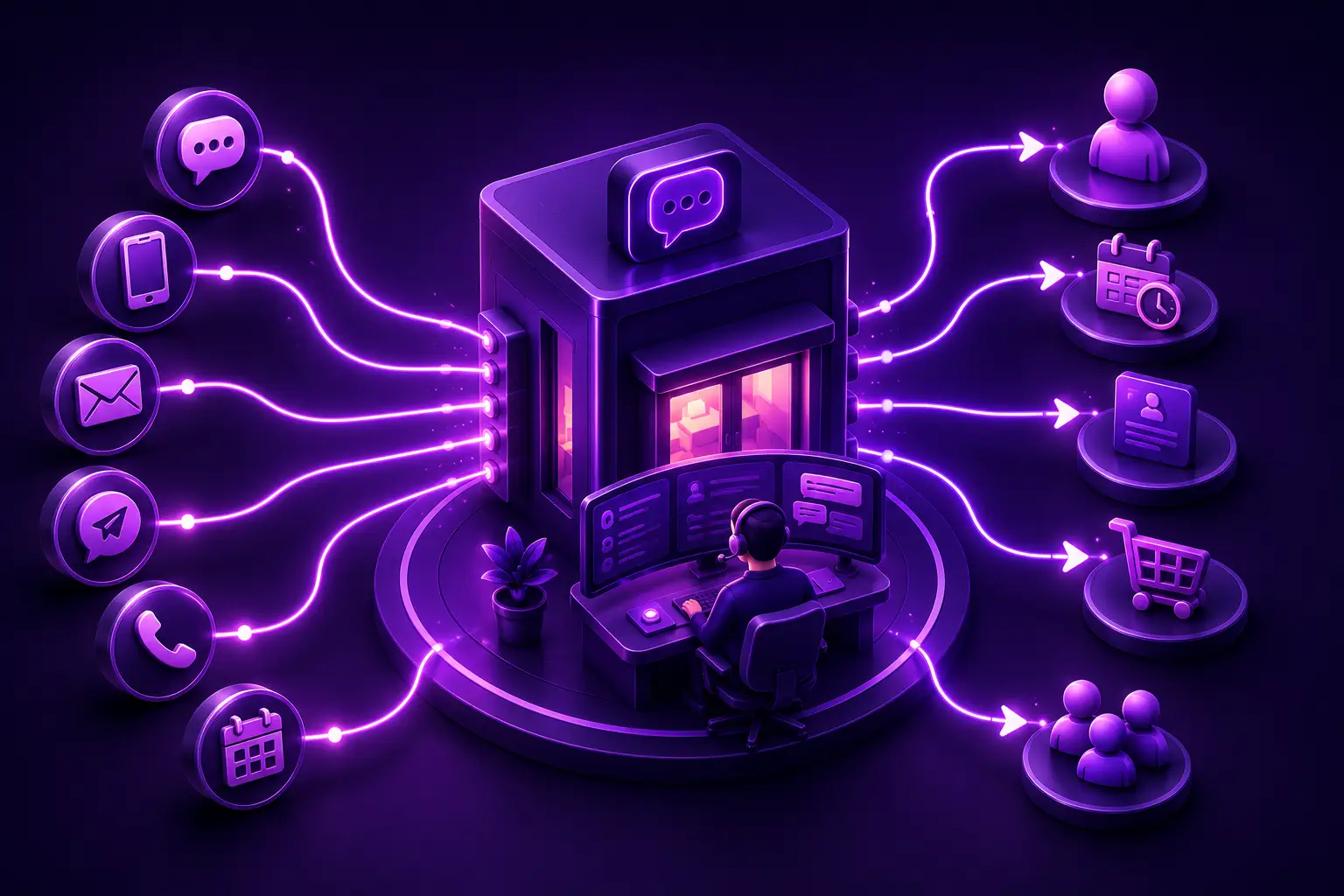Customer engagement illustration showing multiple communication channels connecting customers to a business and appropriate next steps.