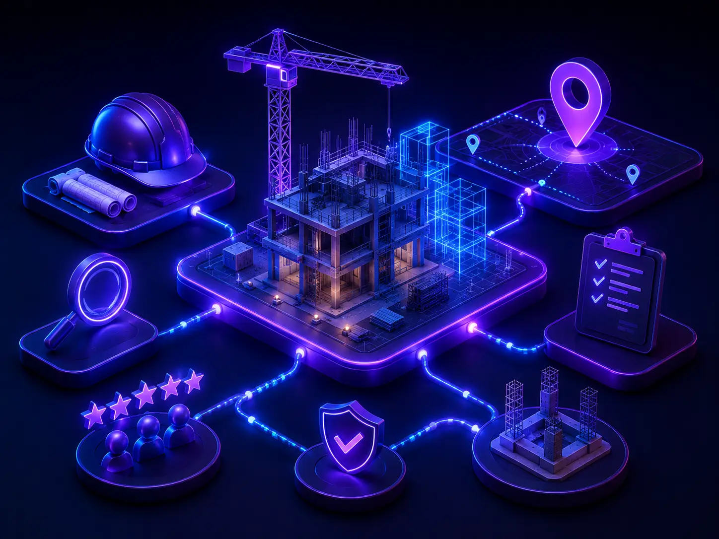 Construction Digital Presence signals connecting project expertise, local and regional discovery, reputation, project proof, and qualified inquiry pathways.