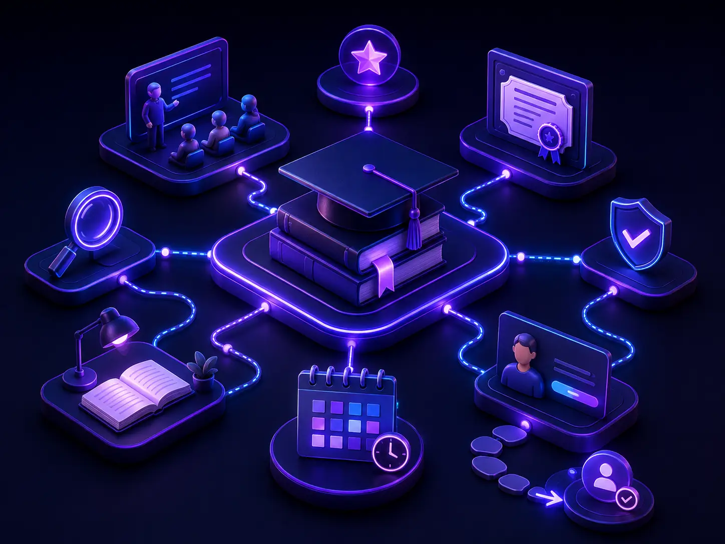Education and training Digital Presence signals connecting programs, instructors, search discovery, reviews, scheduling, and enrollment pathways.