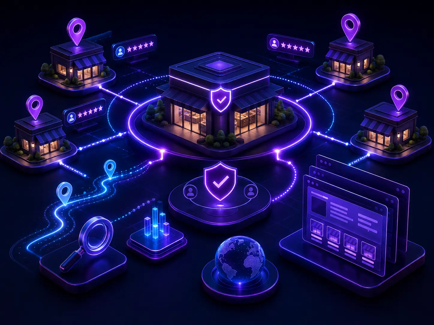 Multi-location Digital Presence signals connecting brand governance, local listings, location pages, reviews, search discovery, and customer routing.