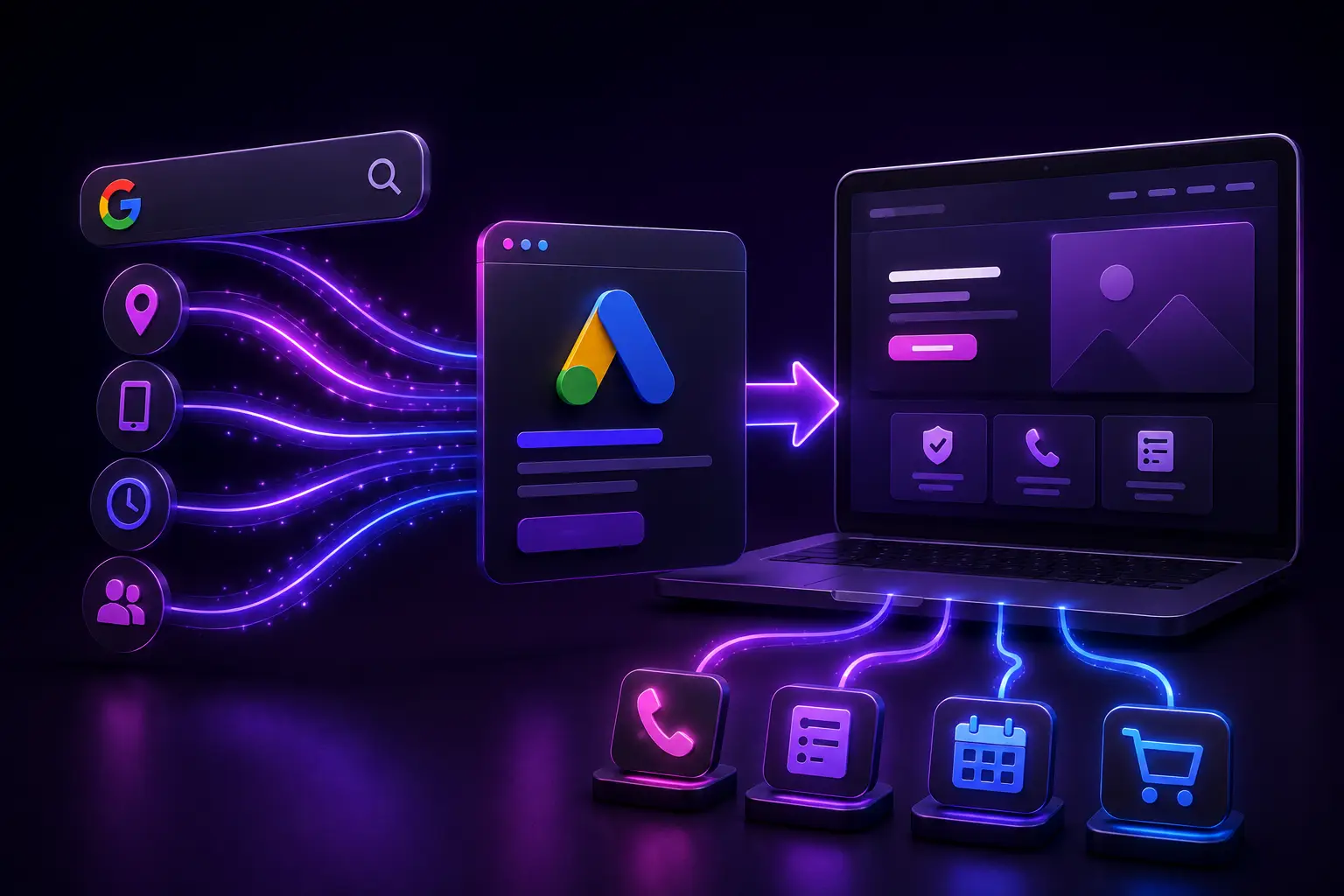 Search and audience signals flowing through a paid advertising pathway toward a business website and customer actions.