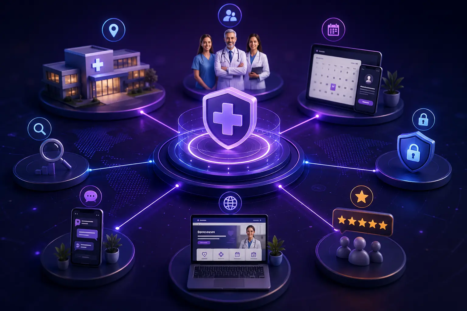 Healthcare Digital Presence signals connecting provider information, search, reputation, communication, and appointment pathways.