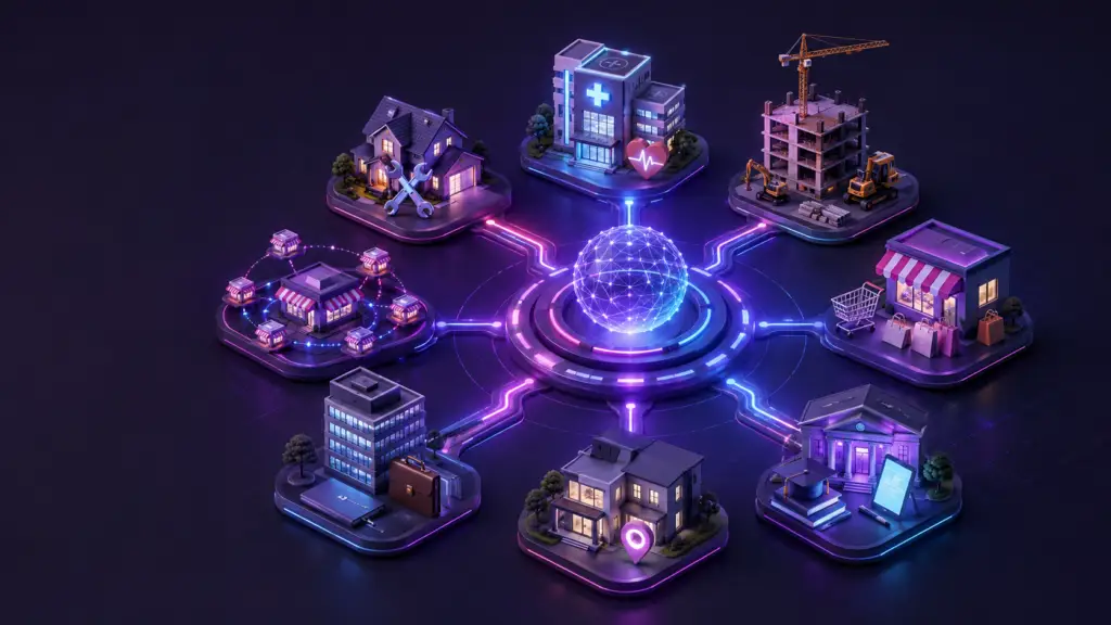 Multiple business and industry types connected to a shared Digital Presence system.