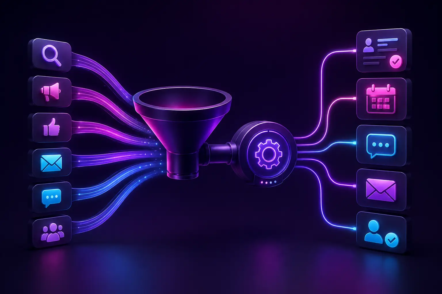 Customer interest signals flowing through a structured conversion funnel toward organized next steps.