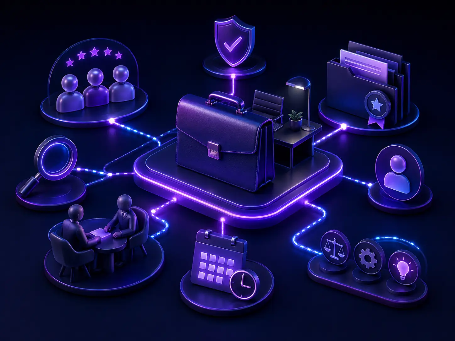 Professional-services Digital Presence signals connecting expertise, professional profiles, search discovery, reputation, authority content, and consultation pathways.