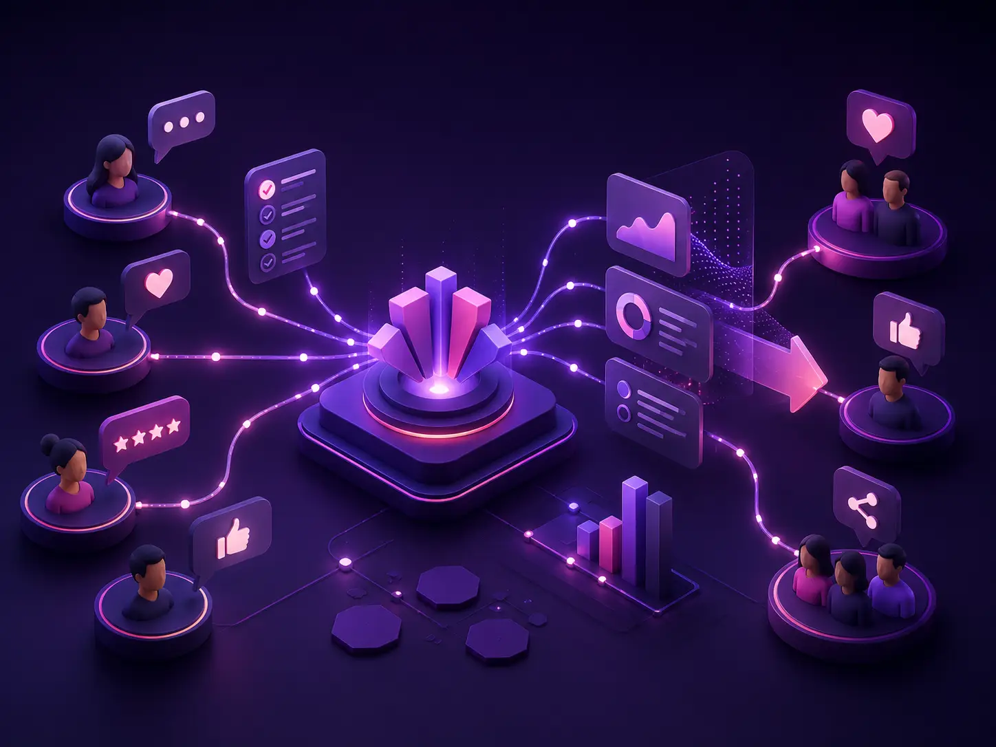 Customer feedback signals being organized into business insight, improvement, and customer advocacy pathways.