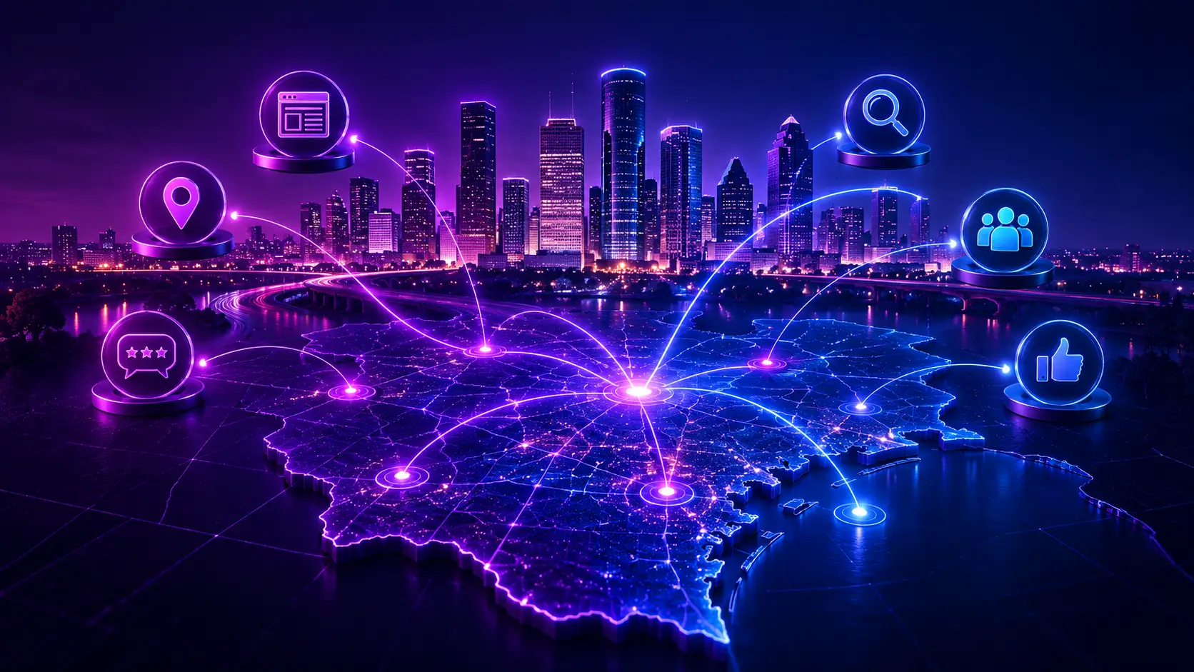 Houston skyline and connected Digital Presence network representing the Houston Area