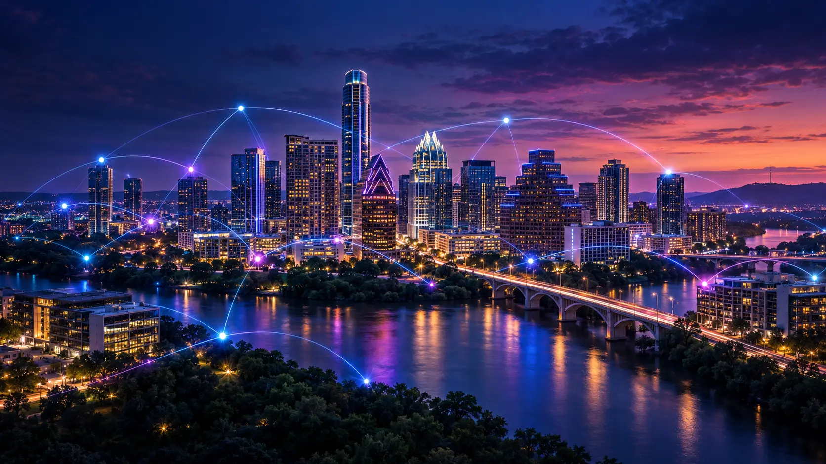Austin skyline connected by a Digital Presence network across the Austin Area