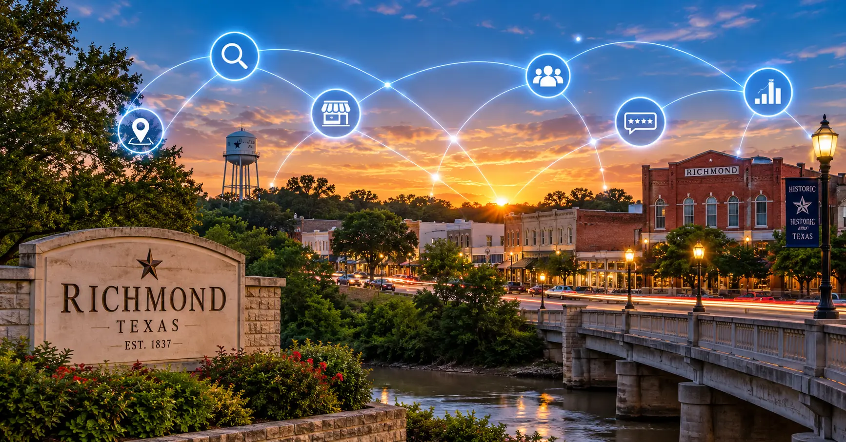 Downtown Richmond, Texas connected by a Digital Presence network across the local business community