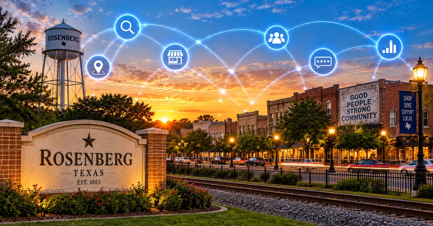 Downtown Rosenberg, Texas connected by a Digital Presence network across the local business community
